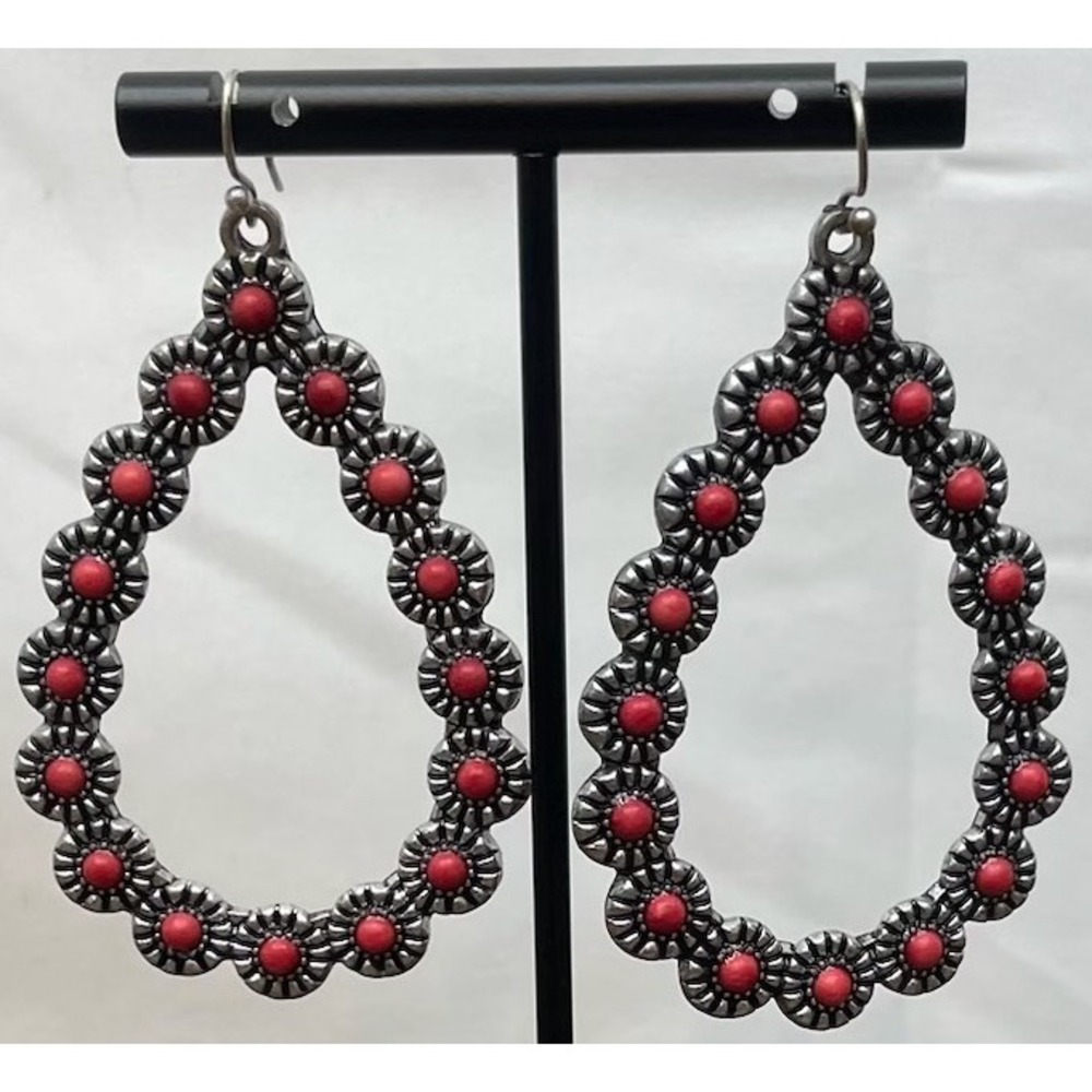 Western Red Stone Teardrop Earrings Silver Tone Cowgirl Boho Dangle Native Style